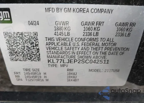 2025 Chevrolet Trax Fwd 2Rs from USA, damaged, VIN KL77LJEP2SC042511